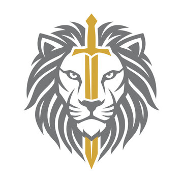 Fierce lion head mascot logo with golden sword.