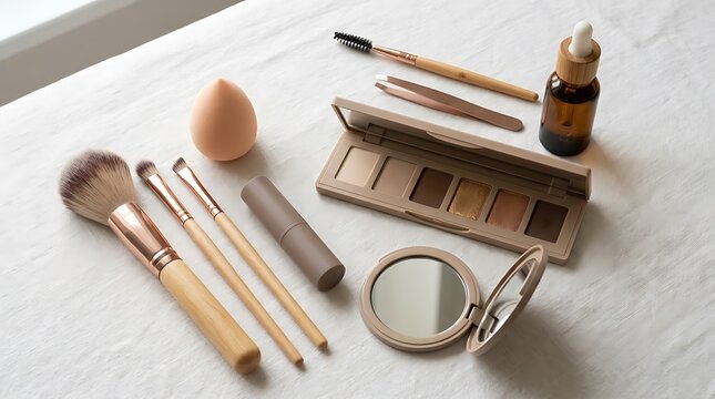 Set of professional makeup brushes with eye shadow palette and cosmetic mirror on a table surface. beginner makeup kit