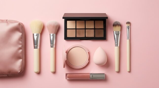 Professional makeup brushes and cosmetic eyeshadow palette set on a soft pink background top view. beginner makeup kit