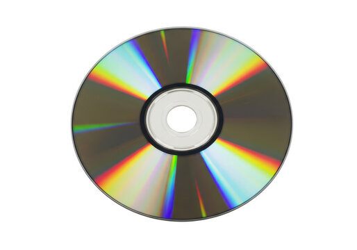 Shiny round compact disc with rainbow light reflection isolated on transparent background