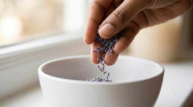 Close up of a person holding dried purple lavender buds and sprinkling them into a white ceramic bowl