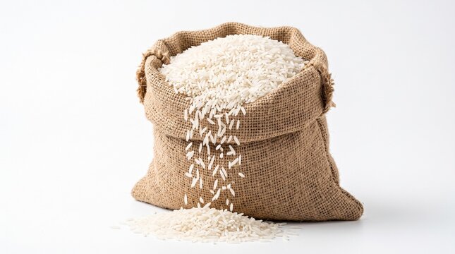 Open burlap sack overflowing with premium white rice isolated on a pure white background, ideal for food packaging, agriculture, grocery, and ingredient concepts.