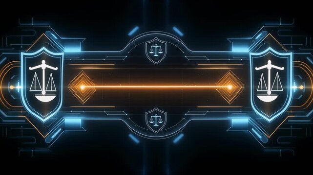 Futuristic digital interface with glowing scale of justice symbol and waveform