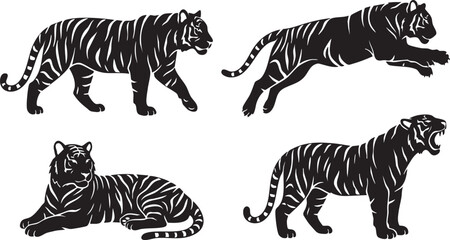 Obraz premium Tiger Silhouette Set Collection – Walking, Jumping, Resting and Roaring Wild Big Cat Black Vector Isolated on White Background