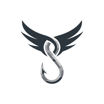 Fishing hook logo integrated with black bird wings.