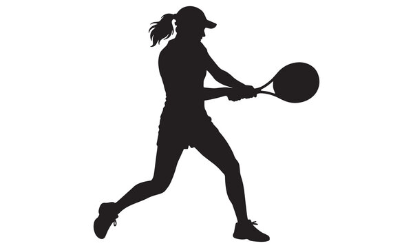 Focused vector silhouette of a female tennis player executing a powerful forehand or backhand stroke, demonstrating agility and determination during a competitive match, isolated on white.