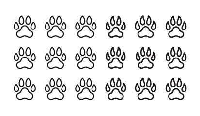 Fototapeta premium Set of paw prints isolated on white background simple outline animal footprints collection.
