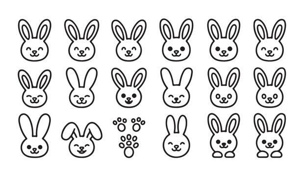 Cute bunny face set, adorable rabbit head in line art style vector illustration.