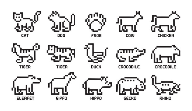Pixel art animals collection diverse fauna in retro style cat dog frog cow chicken tiger.