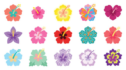 Collection of colorful hibiscus flowers in various shades and styles, isolated on a white background. © desiana