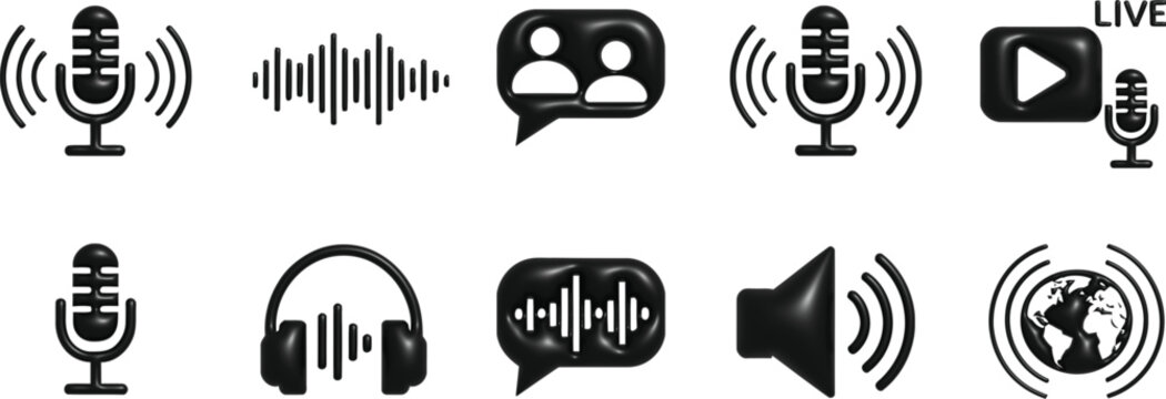 podcast audio broadcasting icons, minimalist microphone, headphones, streaming and communication symbols for mobile apps, websites and interfaces.