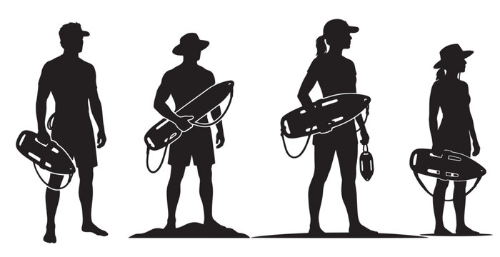 Silhouettes of diverse male and female lifeguards, standing with rescue tubes and buoys on a beach, prepared for safety.