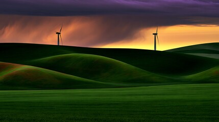 Obraz premium Wind turbines on green rolling hills under a dramatic sunset sky