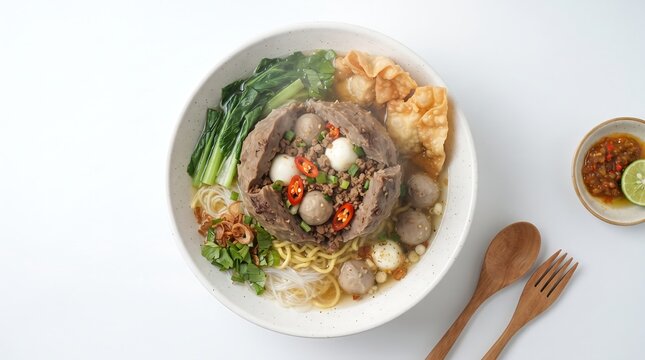 Overhead view of a bowl of bakso with noodles, vegetables, and meatballs on a white table with wooden utensils