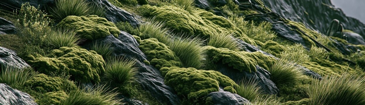 Panoramic close up natural texture of lush green moss and tall wild grass growing on dark gray rocky slope in natural outdoor environment