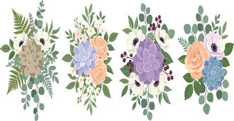 PrintElegant watercolor floral bouquets collection with blooming succulents roses anemones eucalyptus leaves and ferns isolated on white background © Mijanur