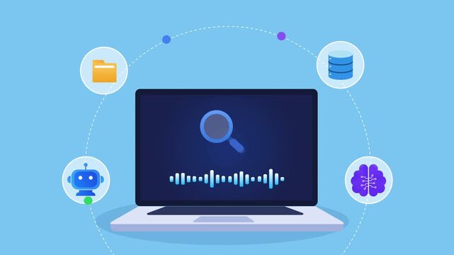 Animated flat vector motion graphic showing an AI search assistant on a laptop with folder, database, chatbot, and neural network icons. Ideal for artificial intelligence and data management concepts.