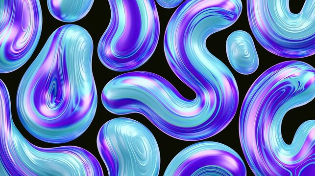 Abstract pattern of glossy iridescent purple and blue flowing irregular blob shapes on solid black background ideal for modern trendy graphic projects