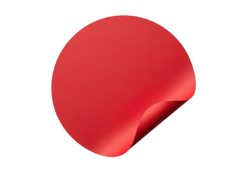Red round sticker with a curled corner isolated on transparent background