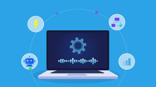 Animated flat vector motion graphic featuring AI system configuration on a laptop with automation, analytics, chatbot, and optimization icons. Ideal for artificial intelligence and smart technology pr