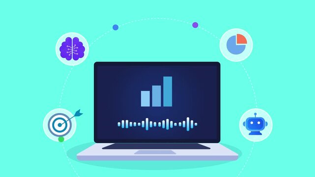 Animated flat vector motion graphic featuring an AI analytics dashboard on a laptop with performance, chatbot, neural network, target, and chart icons. Ideal for business intelligence and smart techno