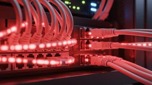 Network cable server ethernet rack data switch red connection port glowing data center hardware patch panel fiber optic storage cybersecurity database secure technology indicator light
