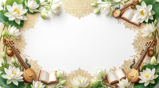 Saraswati Puja, premium floral border made of white lotus flowers, golden mandala ornaments, veena motifs and delicate book illustrations framing a luxurious white background