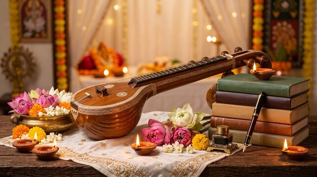 Saraswati Puja, sacred veena resting beside beautifully arranged books, fountain pen, lotus flowers, glowing clay diyas and subtle white silk fabric