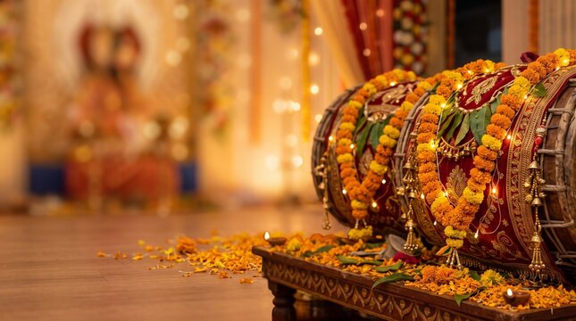 Durga Puja, close-up of traditional Bengali dhak drums decorated with red fabric, marigold flowers and golden ornaments