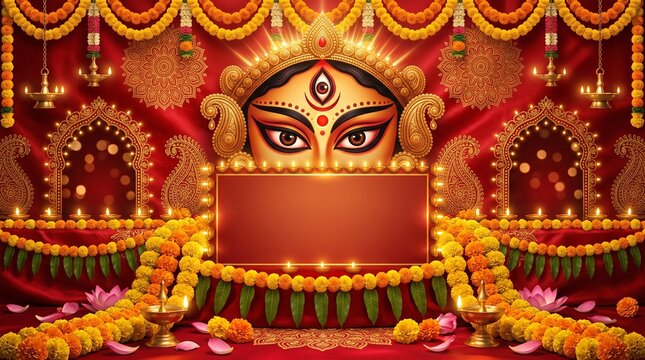 Durga Puja, luxurious red and gold festive background featuring elegant artistic Goddess Durga eyes, glowing golden mandala ornaments