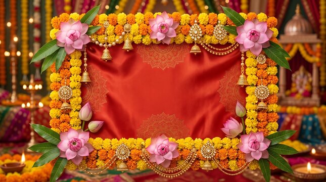 Navratri, premium floral border made of fresh marigold flowers, lotus blossoms, mango leaves and golden ornaments framing a rich red festive background