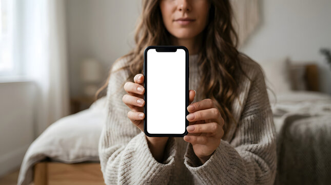 Woman holding smartphone with blank white screen mockup at home