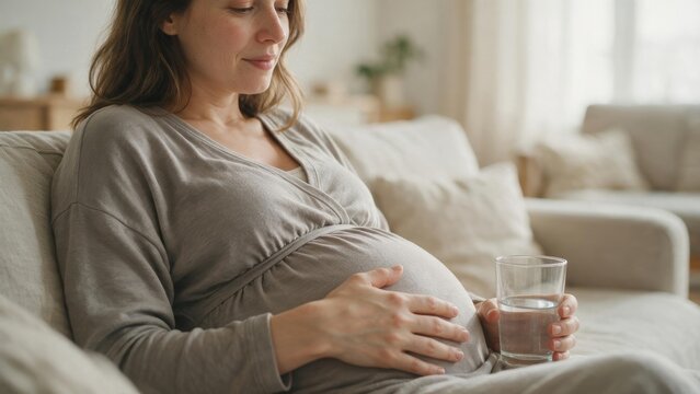 Pregnant woman relaxing on sofa at home, touching belly and drinking water in third trimester