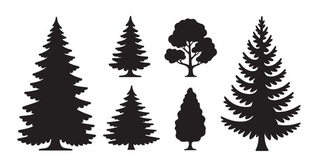 Fototapeta premium Diverse tree silhouette collection including spruce pine and deciduous species for forest landscape art.