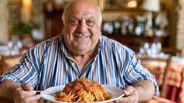Overweight italian smiling man having spaghetti marinara at a italian restaurant 