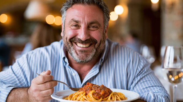 Overweight italian smiling man having spaghetti marinara at a italian restaurant 