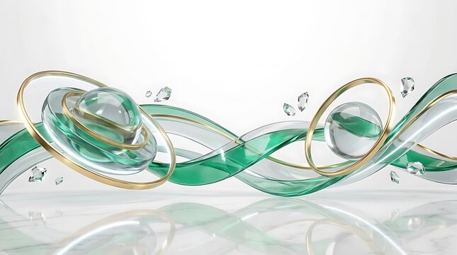 Abstract flowing emerald green ribbons and gold rings with crystal shards on a reflective marble surface with soft lighting with showcases abstract composition