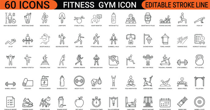 Fitness gym workout line art icons set, dumbbell, kettlebell, treadmill, stopwatch, apple, water bottle, scale, trainer, yoga, stationary bicycle, Web icon, App icon, Outline icon, Editable stroke, li
