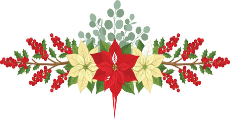 Christmas floral vector border with red and white poinsettia flowers holly berries eucalyptus leaves for holiday invitation background design © Mijanur