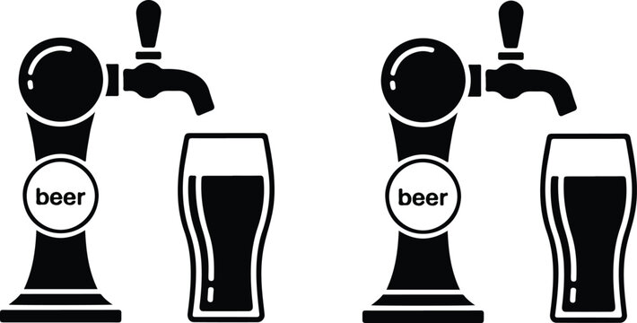 Set of two beer tap and pint glass icons in black and white symbolizing bar, beverage, and refreshment concept illustration