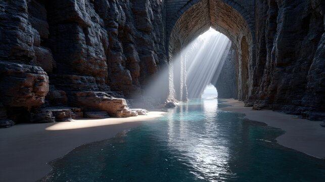 Deep Sea Canyon With Stone Bridge and Light Beams