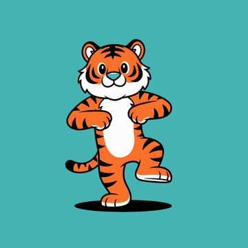 Friendly cartoon tiger cub standing on teal background.