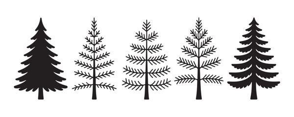 Fototapeta premium Set of minimal spruce tree silhouettes isolated on white background for creative design graphic projects.