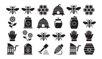 Black glyphs of beekeeping equipment honey bees and flowers for apiary business. © RANA