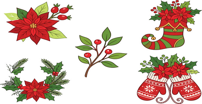 Hand drawn Christmas vector elements set with poinsettia flower mittens stocking holly branch wreath for winter holiday design