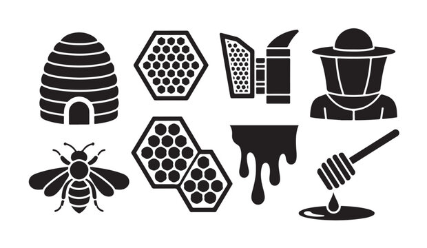 Black glyphs of beekeeping items bee honeycombs beehive honey and beekeeper suit.