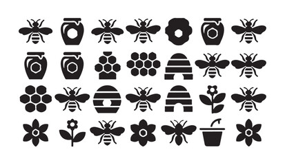 Large set of thirty icons featuring various bees honey jars flowers and apiary elements. © RANA