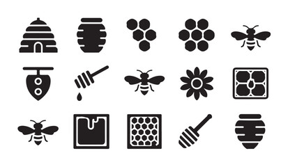 Beehive icons set with honey dipper and flowers symbol for beekeeping agriculture concept. © RANA