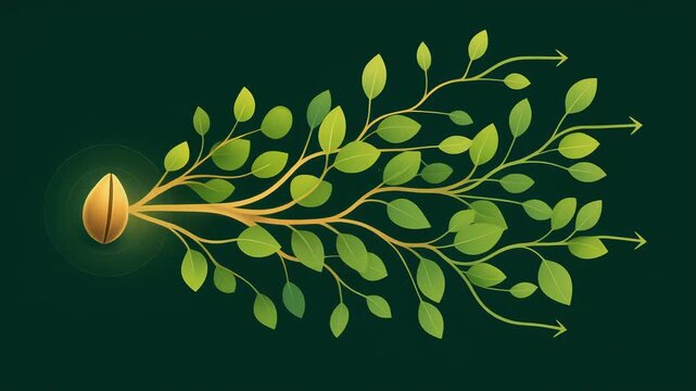 Conceptual illustration of a seed growing into branching plants with arrows