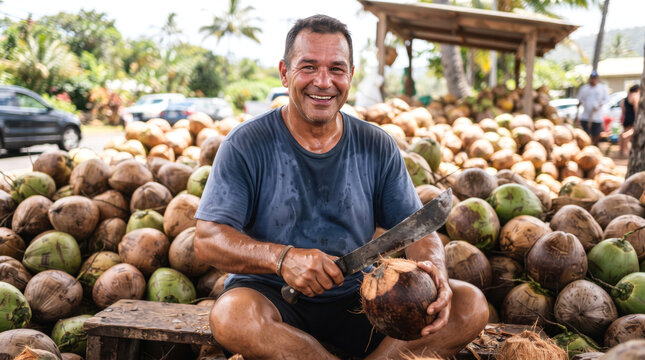 Smiling Man Cutting Fresh Coconut with Machete Knife Outdoors